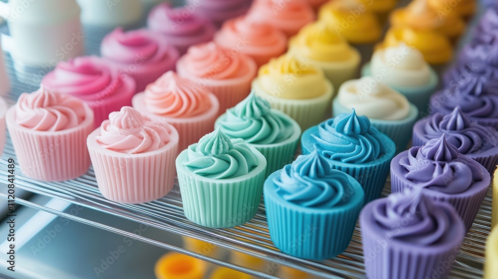 Aufkleber colorful cupcakes with swirled icing displayed in rows on a cooling rack showcasing baking creativit