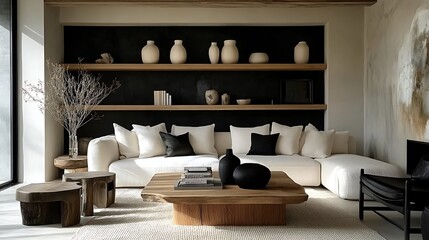 A minimalist farmhouse living room with open shelving displaying neutral vases and books, a clean-lined beige sofa, natural wood furniture, a soft woven rug, and sunlight creating gentle highlights,