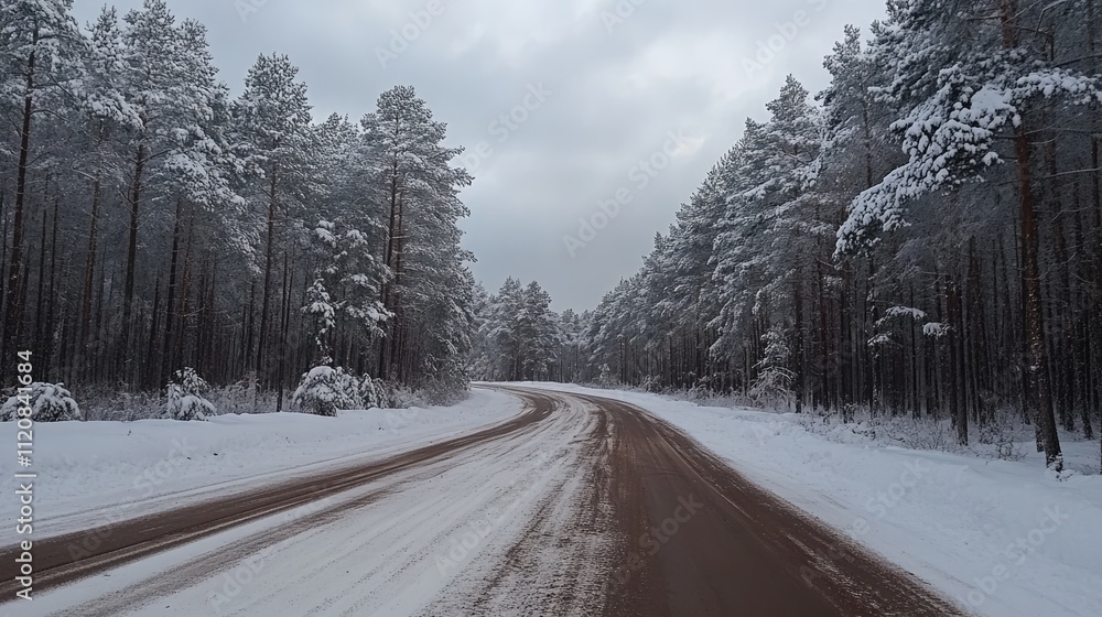 Poster winter forest road winding through snow-covered trees on a cloudy day creating a serene and tranquil
