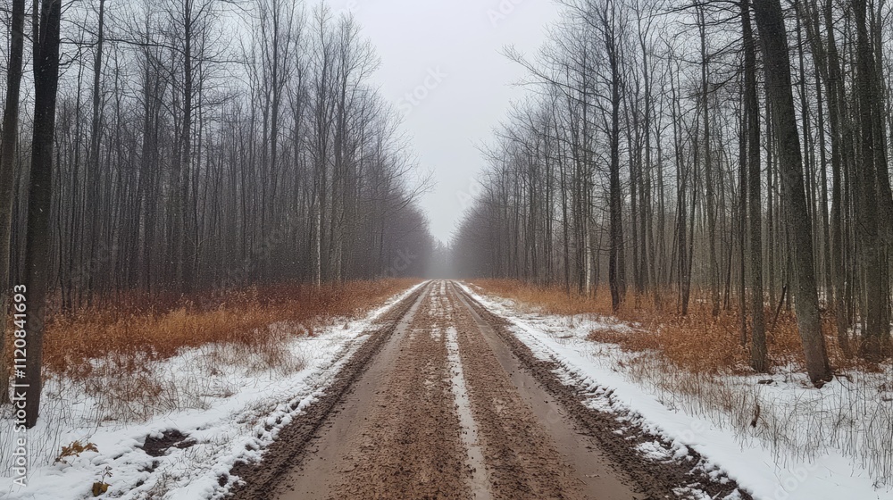 Aufkleber winter forest road surrounded by bare trees and snow on a cloudy day creating a serene and tranquil 