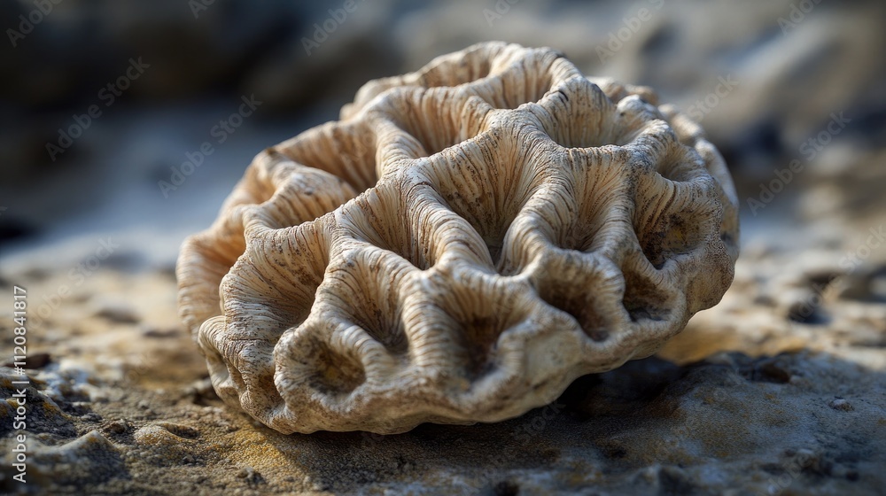 Poster fossilized coral specimen showcasing intricate patterns and textures on a rocky surface representing