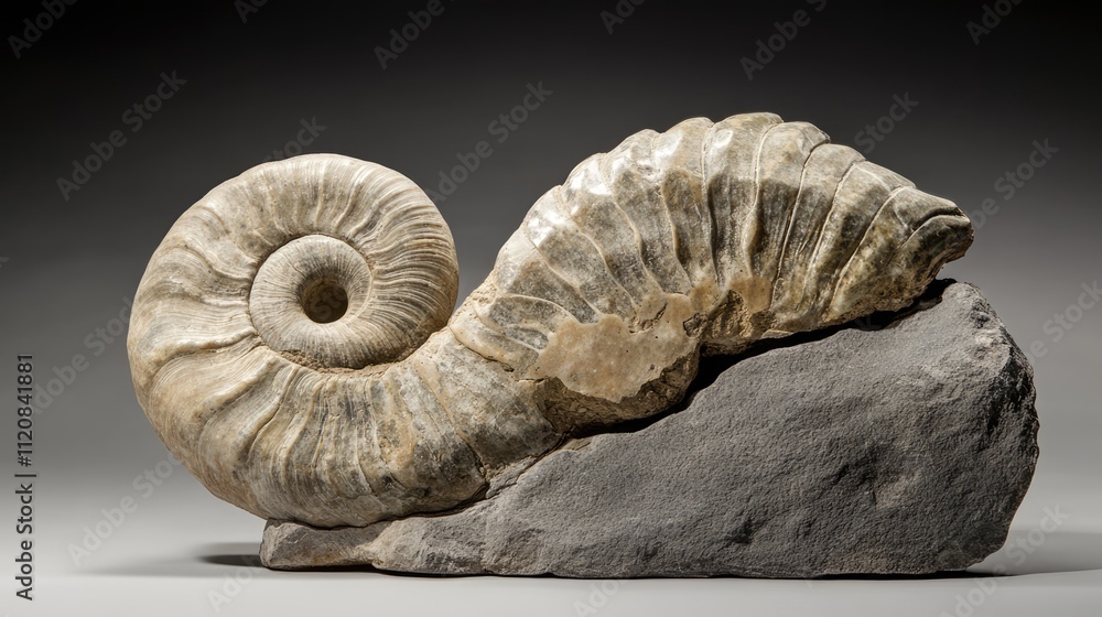 Poster fossilized ammonite ancient cephalopod shell displayed on stone showcasing natural history and geolo
