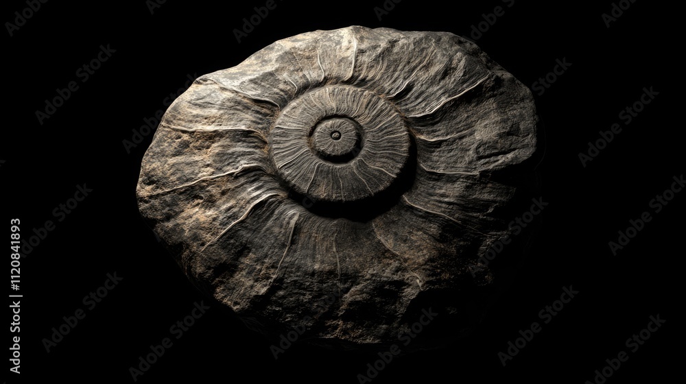 Poster fossilized ammonite display showcasing intricate patterns of an ancient cephalopod mollusc on a dark
