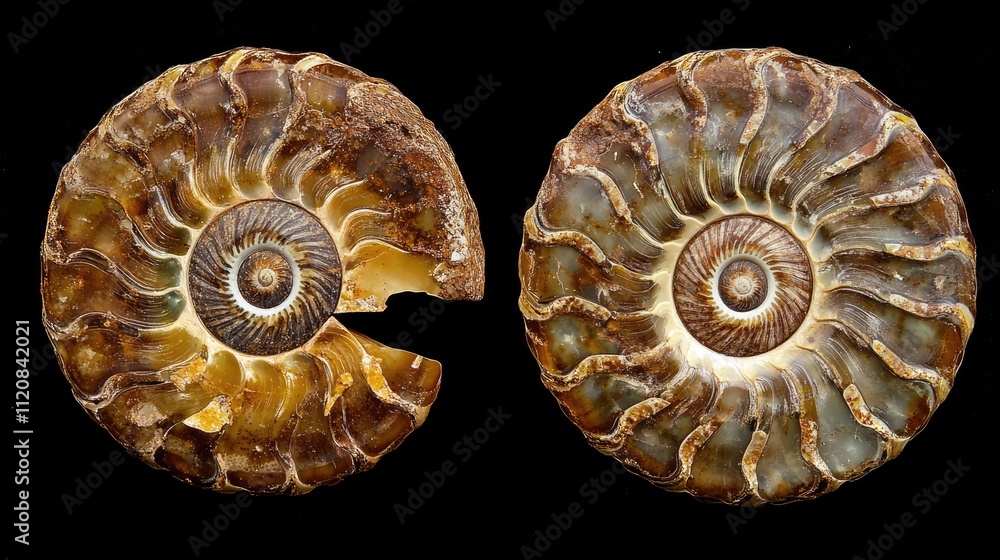 Poster fossilized ammonite shells showcasing intricate patterns from the cretaceous period highlighting anc