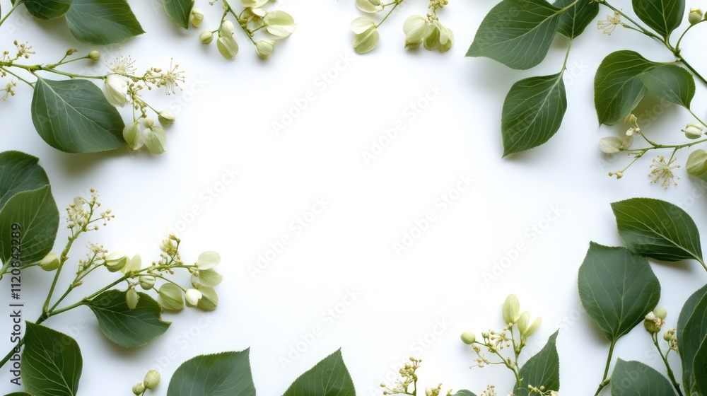 Poster linden branches with green leaves and delicate blooms arranged in a circular frame on a clean white 