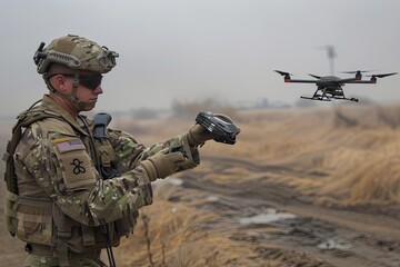 Soldier operates a drone during a military exercise in a foggy terrain near a remote location. Generative AI