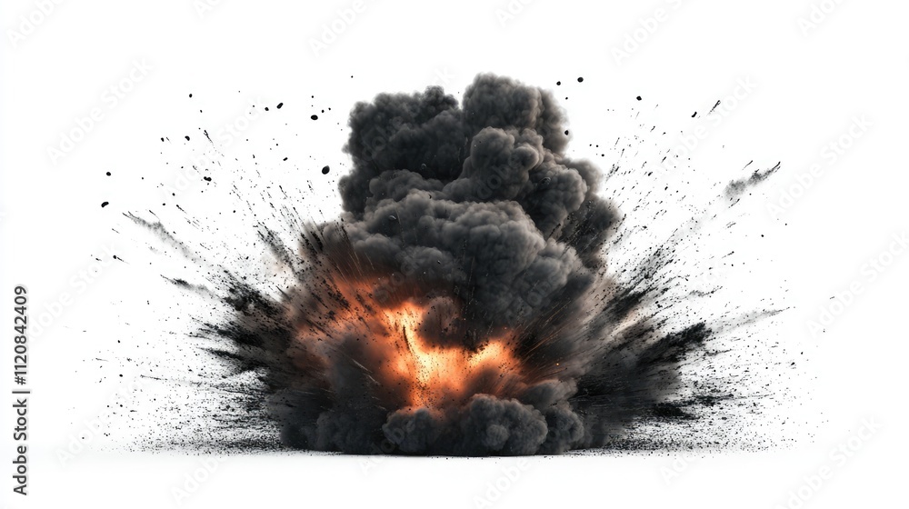 Poster black dust explosion in motion creating an artistic abstract effect on a white background for dynami