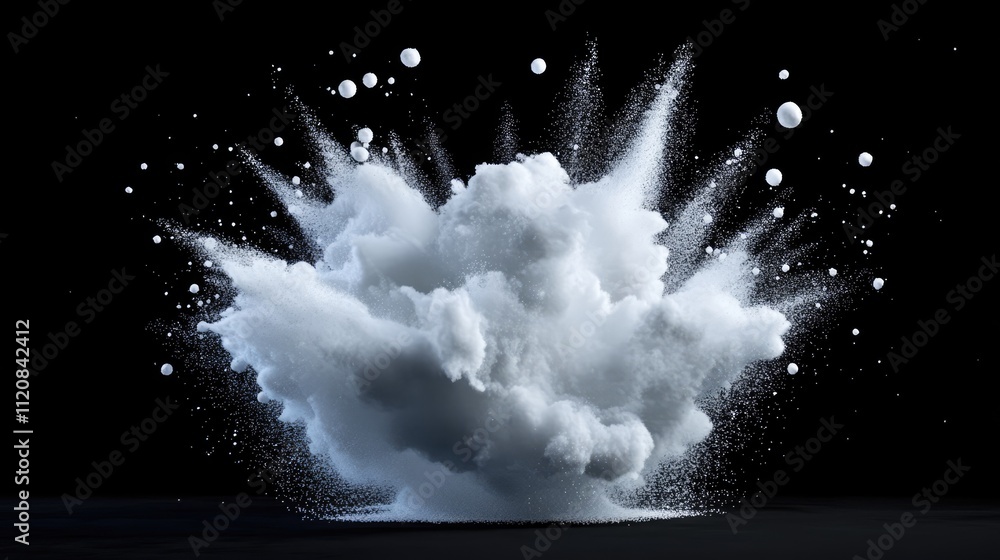 Poster dynamic burst of white particles resembling an explosion on a black background showcasing powdery te