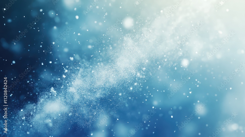 Poster white particles in motion creating a dreamy ethereal atmosphere on a blue background with soft light