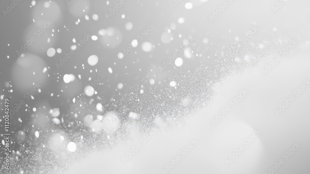Poster dynamic suspension of white particles creating an ethereal blurred effect on a soft grey background 