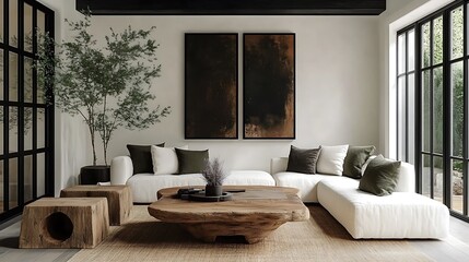 A modern farmhouse living room showcasing distressed wooden furniture, pastel lavender and green accents in cushions and decor, a rustic coffee table, a jute rug,