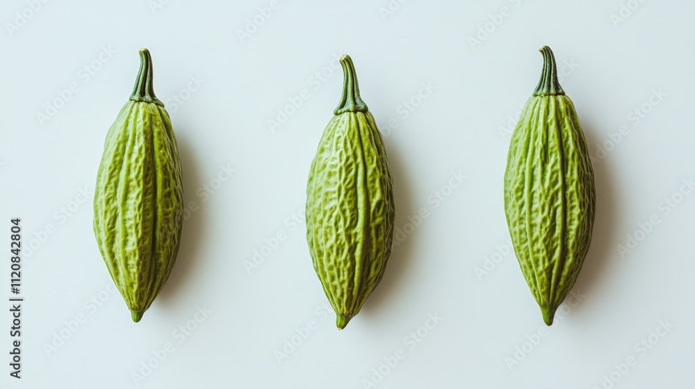 Aufkleber fresh bitter gourds arranged neatly on a plain white background highlighting their texture and shape