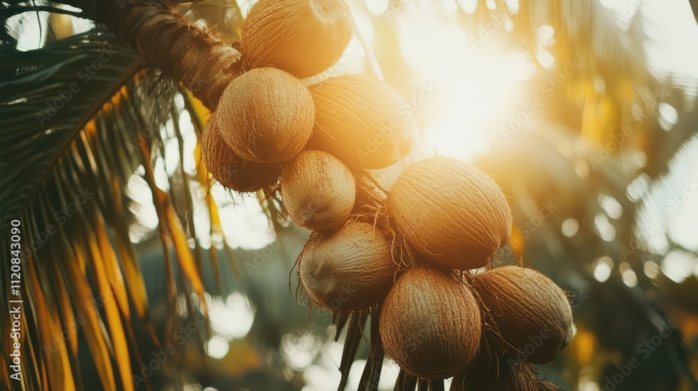 Poster cluster of fresh coconuts hanging from a palm tree illuminated by warm sunlight in a tropical settin