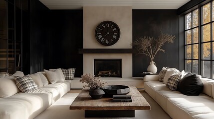 A modern farmhouse-style living room with a large stone fireplace, a vintage clock on the mantel, soft beige seating with plaid throw pillows, a distressed wooden coffee table,