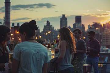 Rooftop gathering at sunset with friends enjoying drinks and conversation in a vibrant city setting. Generative AI