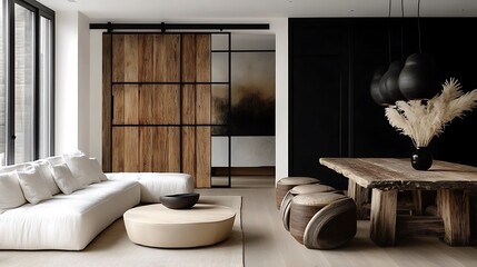 A modern open-plan living room featuring sliding barn doors with a distressed wood finish, industrial-style pendant lights hanging over a rustic dining table, neutral-toned furniture,