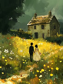 A Couple Walking Hand-in-Hand Through a Field of Flowers Towards a Rustic Cottage.