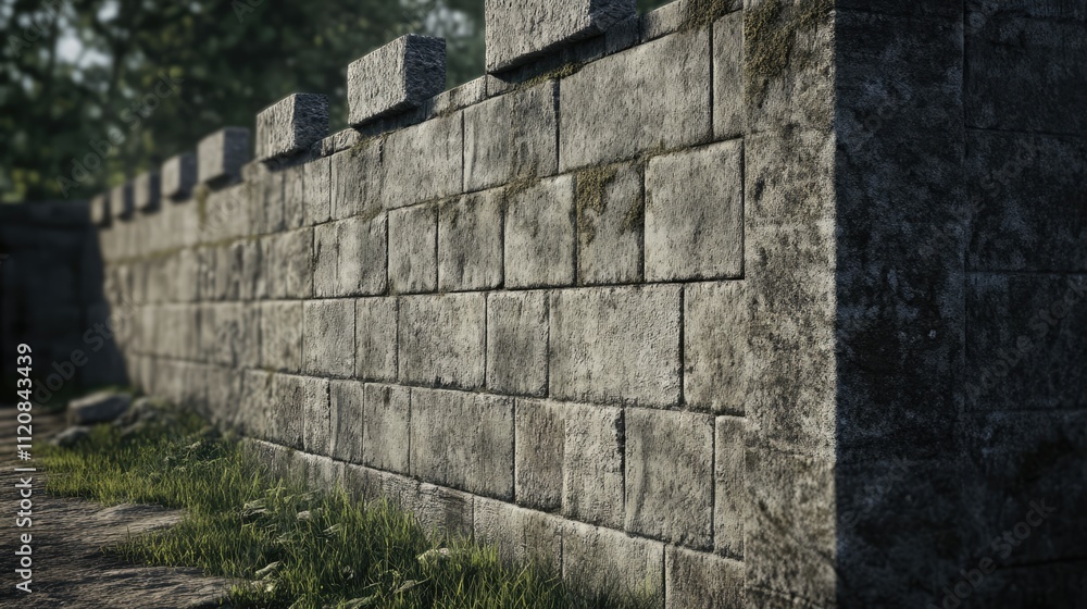 Poster half finished concrete wall with textured stones and greenery in a natural setting showcasing rugged