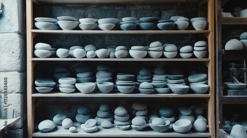 Aufkleber Smithy Shelf Displaying Various Unique Grinstones and Stone Bowls Artisan Craftsmanship in a Rustic Workshop Setting
