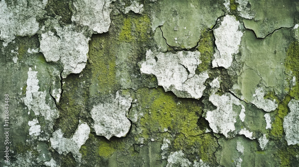 Poster textured green stone background with white cracks and peeling moss for artistic or design use