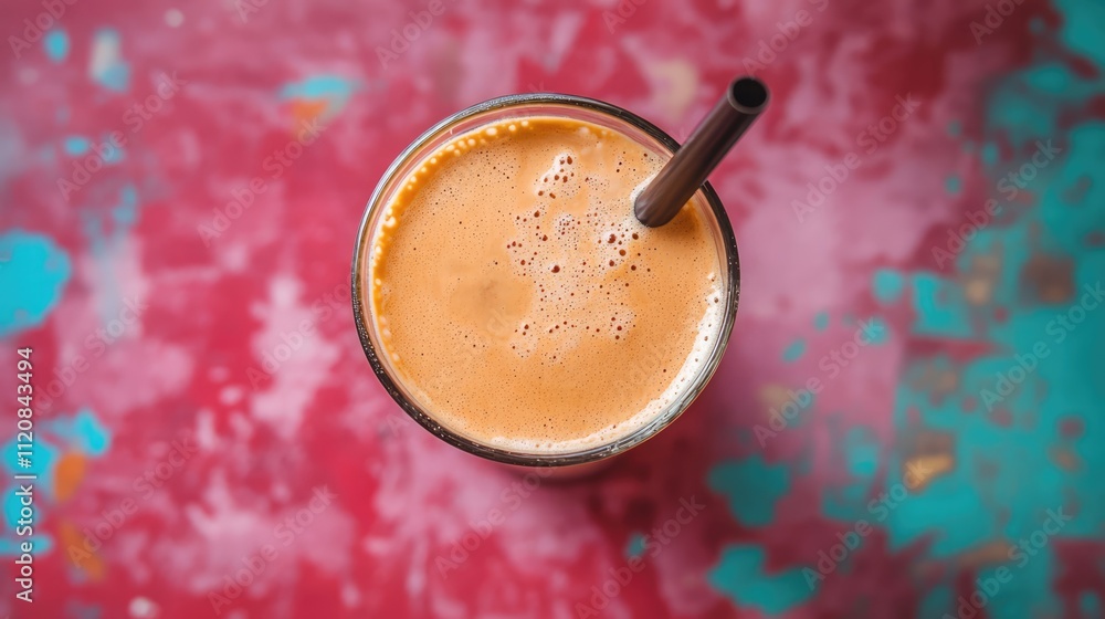Poster iced coffee in a glass with a straw viewed from above on a colorful textured background