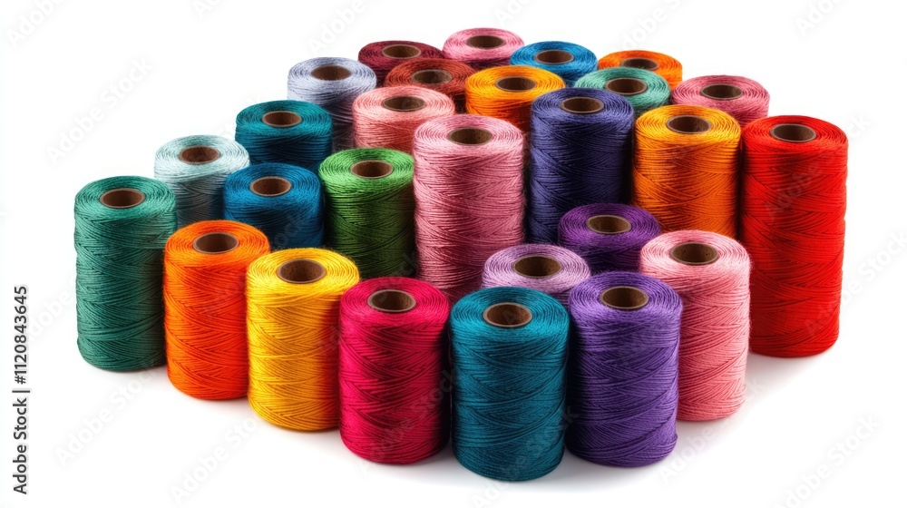 Poster colorful spools of embroidery thread arranged in a playful design on a white background showcasing v