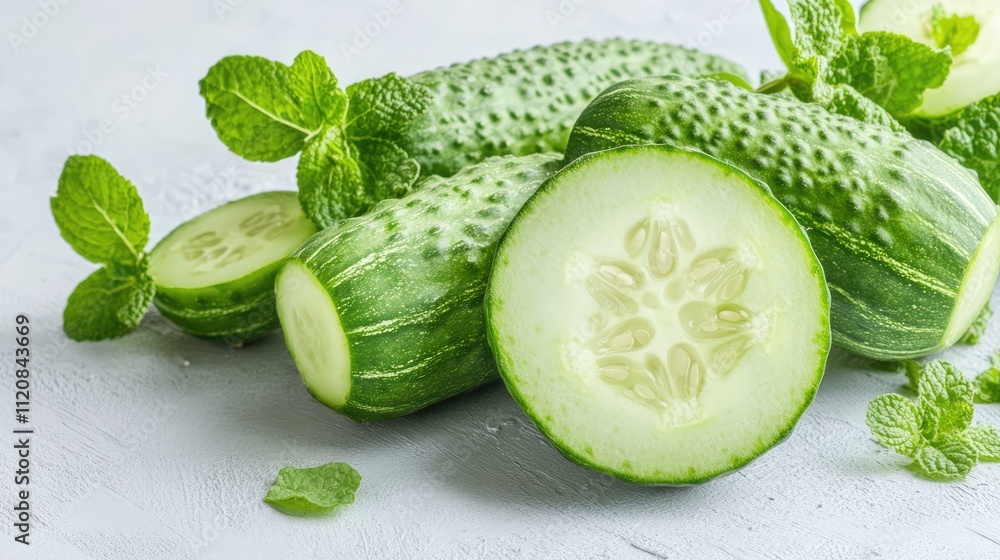 Aufkleber fresh cucumber slices with whole cucumbers and mint leaves on a light background showcasing a health