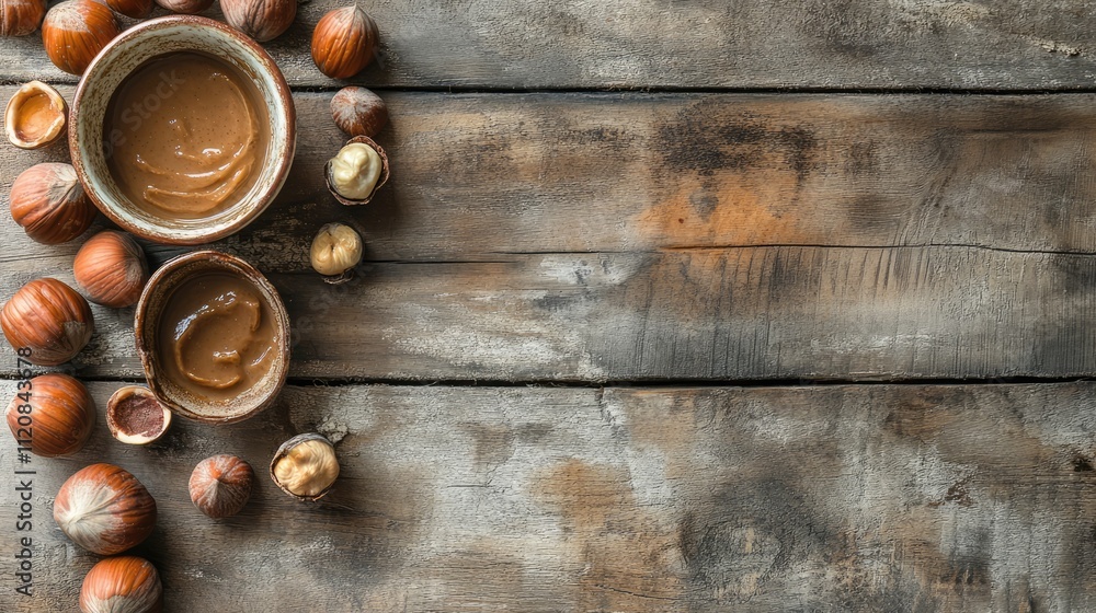 Poster hazelnut butter in rustic bowls with whole hazelnuts on an aged wooden surface capturing a natural f