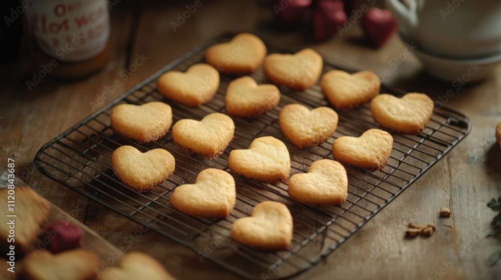 Poster heart-shaped cookies cooling on a rack surrounded by a rustic wooden table and festive decorations f