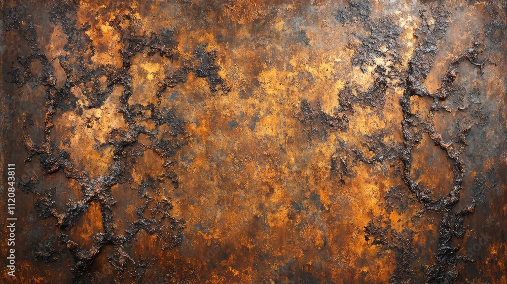 Poster Rusted metal texture featuring intricate corrosion patterns and oxidized hues creating a worn and aged metallic background.