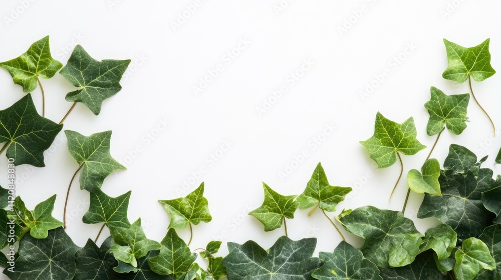 Poster fresh green ivy leaves arranged elegantly on a clean white background for a natural and minimalistic
