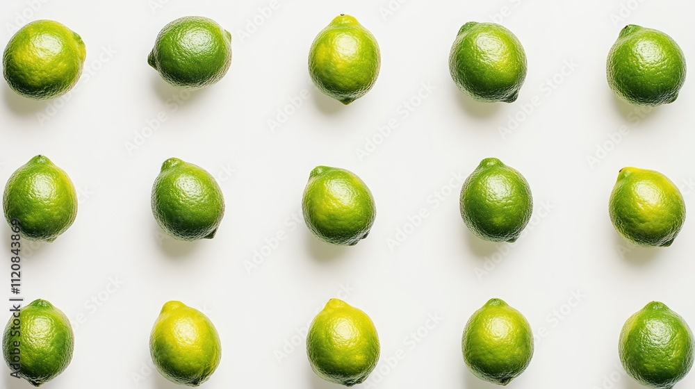 Poster fresh green limes arranged in a grid pattern on a clean white background showcasing their vibrant co