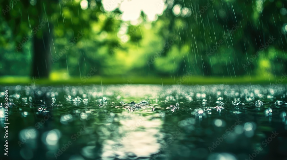 Aufkleber Rainy day bokeh effect on a green background with raindrops splashing on a reflective surface creating a serene natural atmosphere