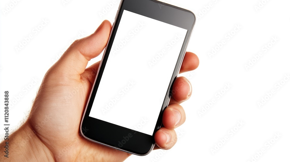 Aufkleber Hand holding modern mobile smartphone with empty screen against white background for application and advertisement mockups.