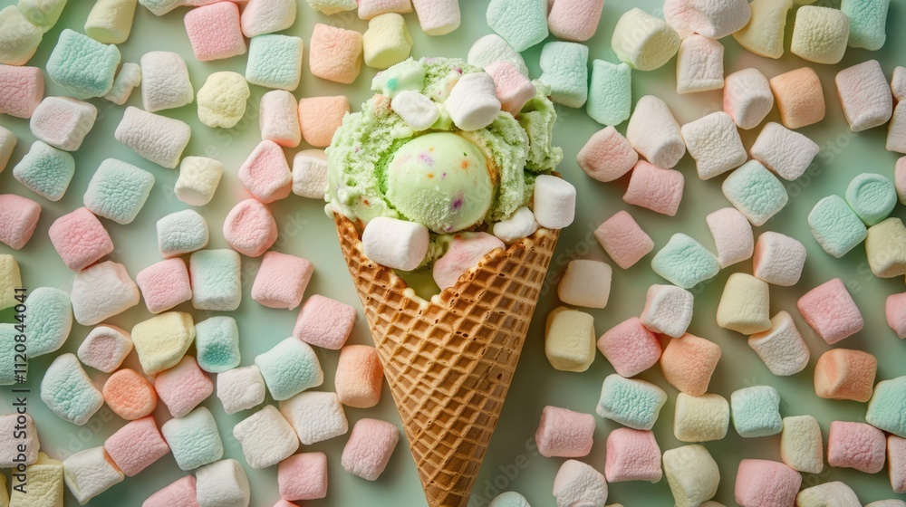 Poster colorful waffle cone ice cream topped with pastel marshmallows on a soft background showcasing a fes