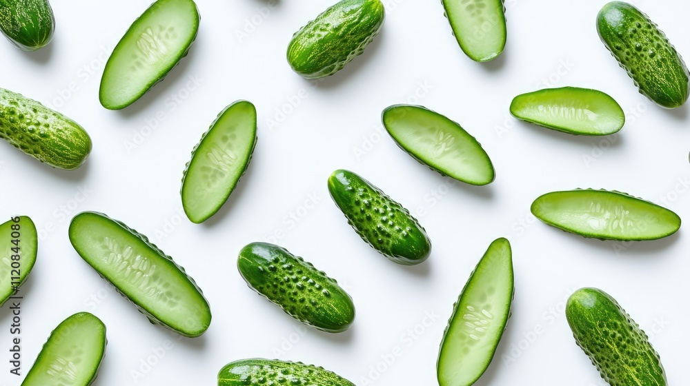 Poster fresh cucumbers sliced and whole displayed on a clean white background with natural green color cont