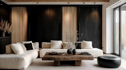 A modern-rustic living area featuring sliding barn doors with matte black finishes, industrial-style ceiling lights, soft beige furniture, a reclaimed wood coffee table,