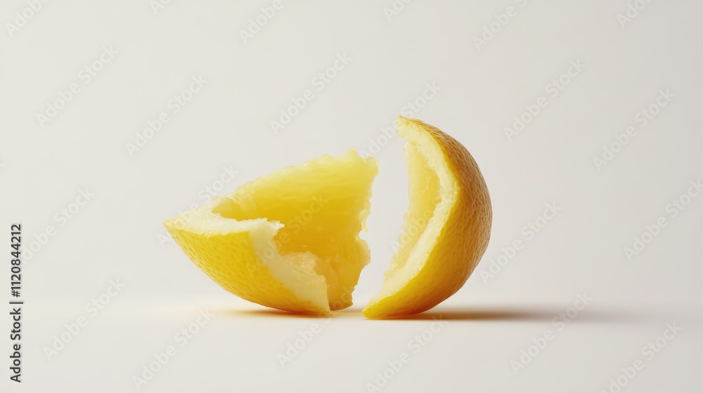 Poster lemon half isolated on a minimalistic white background highlighting fresh textures and vibrant color