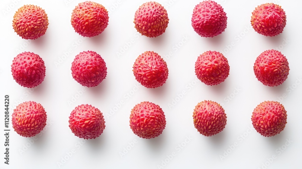 Poster lychee fruits arranged in neat rows on a white background showcasing their vibrant red texture and u