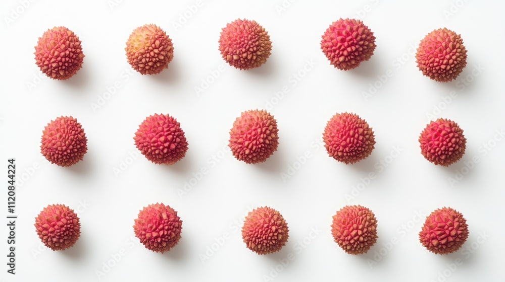 Poster lychees arranged in a grid pattern on a clean white background showcasing their vibrant color and un