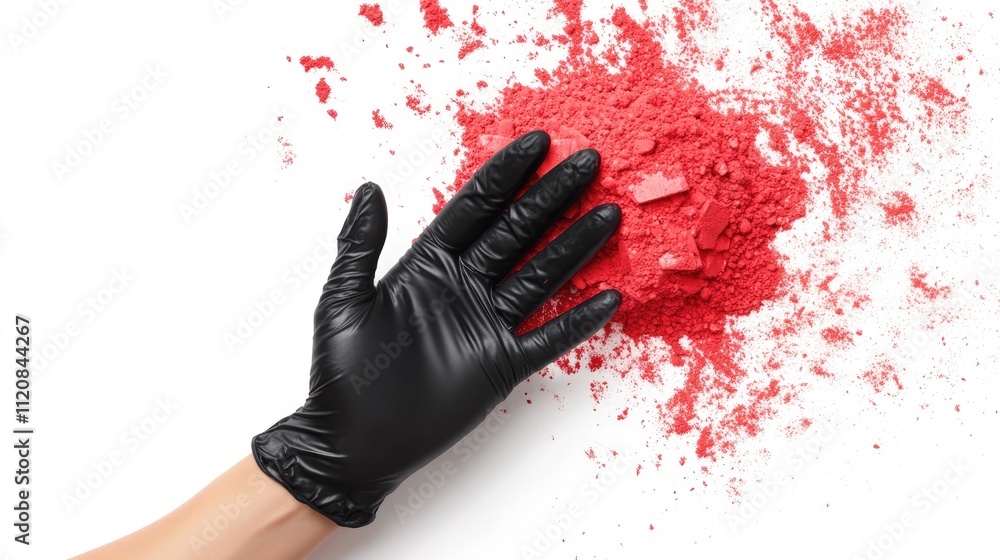 Poster hand in black glove interacting with vibrant red pigment powder on a clean white background for crea