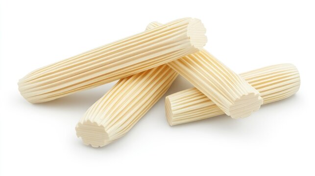 Grooved wooden dowels for construction and furniture assembly on a white background suitable for woodworking and craftsmanship projects