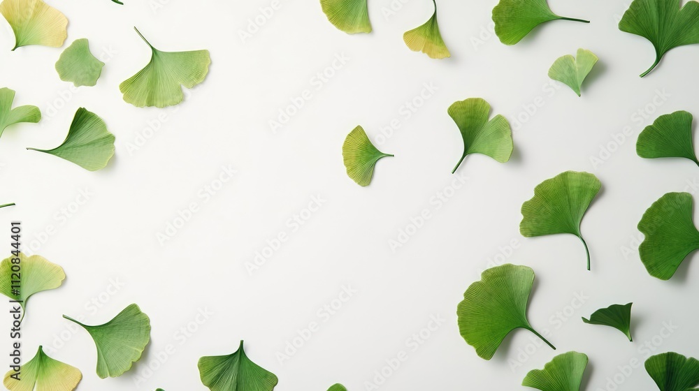 Aufkleber Ginkgo leaves scattered artistically on a white background creating a serene nature composition for botanical designs and dÃ©cor.