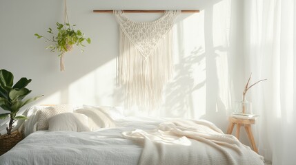 Modern macrame wall hanging decor in a serene bedroom setting featuring natural elements and eco-friendly design principles.