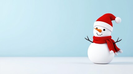 A cheerful snowman wearing a red hat and scarf against a blue background.