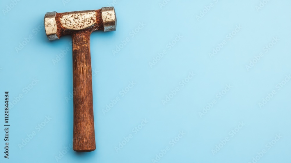 Poster rusty hammer on a vibrant blue background showcasing selective focus and cropped details for a moder