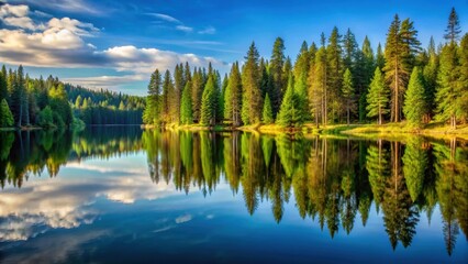 Obraz premium Idyllic landscape of pine trees reflected in a beautiful lake, idyllic, landscape, pine trees, reflected, beautiful, lake