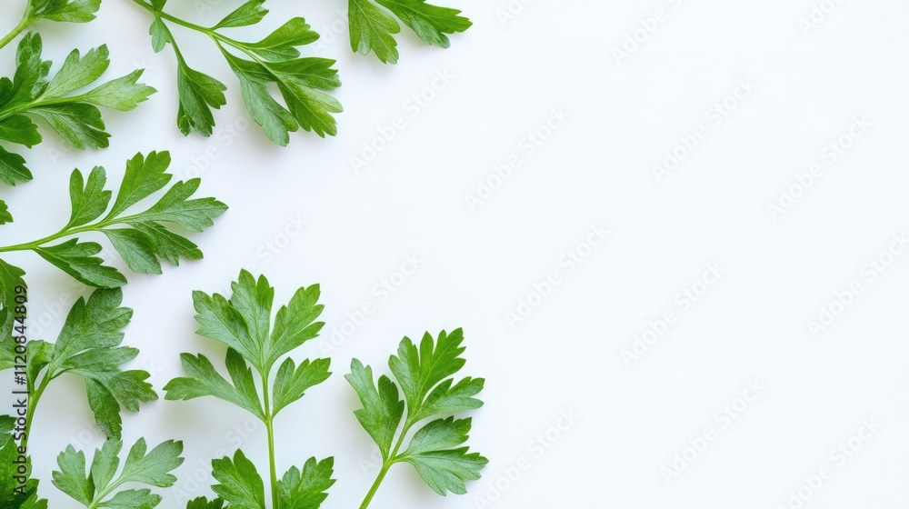 Poster fresh green parsley leaves arranged on a white background with ample space for text or design elemen