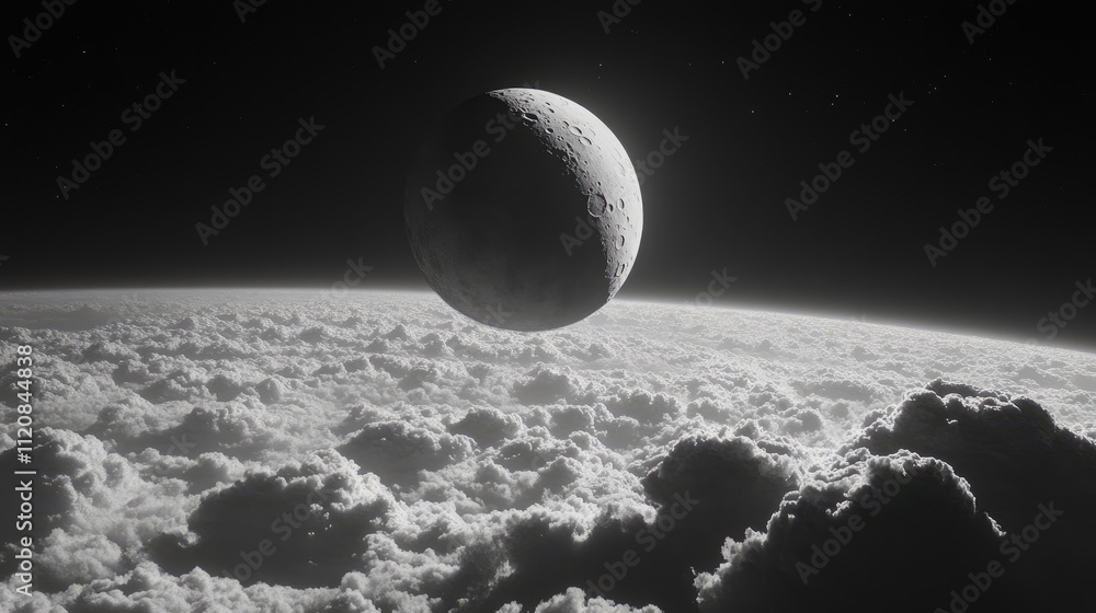 Poster half moon over fluffy clouds in a serene azure sky showcasing detailed surface features ideal for ce