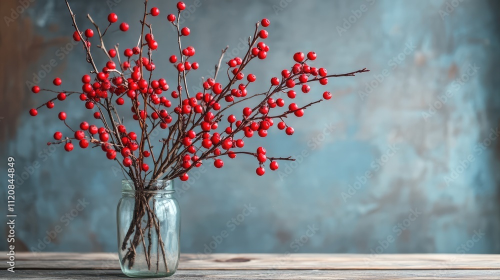 Poster hawthorn branches adorned with vibrant red berries in a glass vase on a rustic wooden table against 
